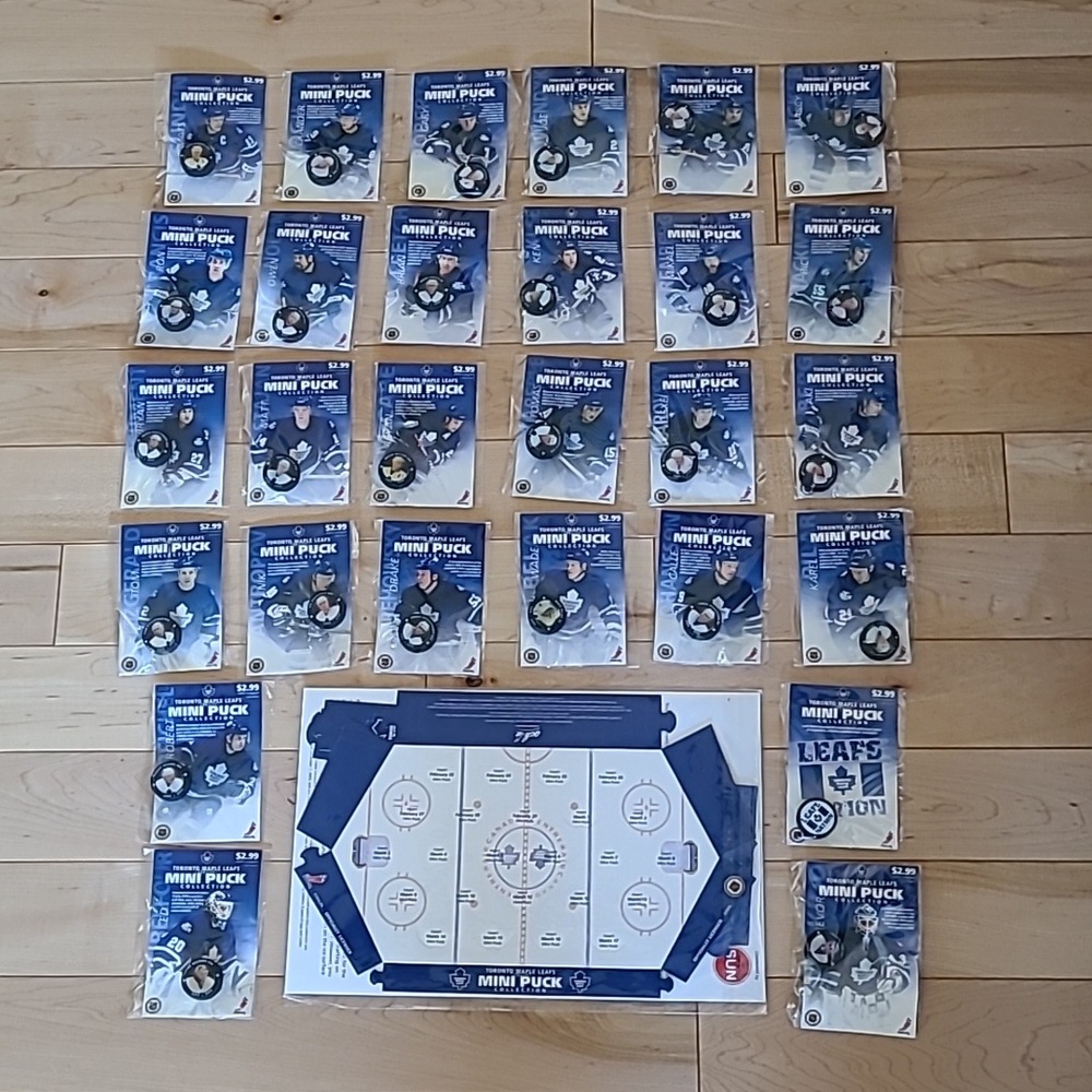 Complete set of Toronto Maple Leafs 2003/2004 mini pucks (28) and the arena